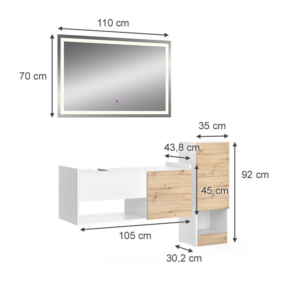 BADMÖBEL-SET Alf Weiß 3 Teile, mit Midischrank - Eichefarben/Weiß, Holzwerkstoff (105/45/43cm) - Vicco