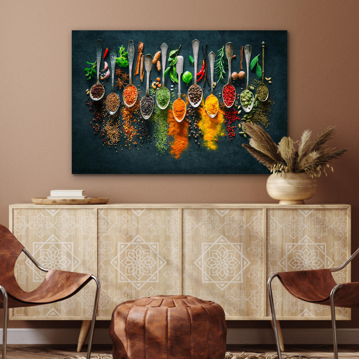 METALLBILD Kräuter - Gewürze - Löffel 120x80 cm - Currygelb, Metall (120/80cm) - MuchoWow