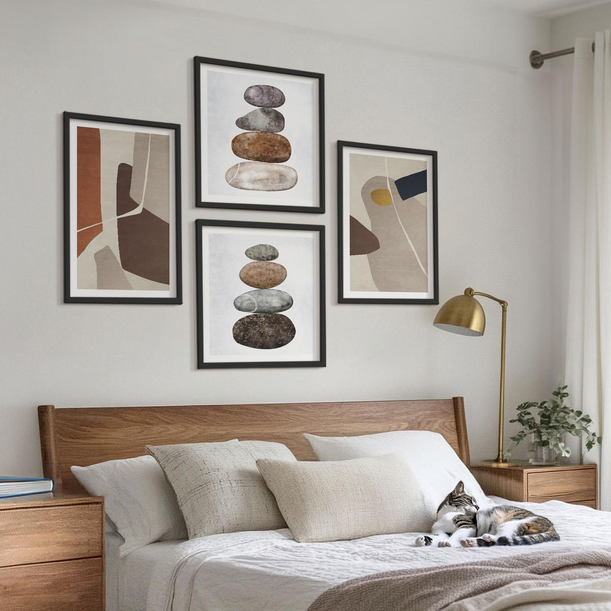 BILDER SET 4er Set - 50x50 cm & 40x60 cm Schwarzer Rahmen - Abstrakte Boho-Formen - Schwarz, Kunststoff (50/50cm) - TULUP