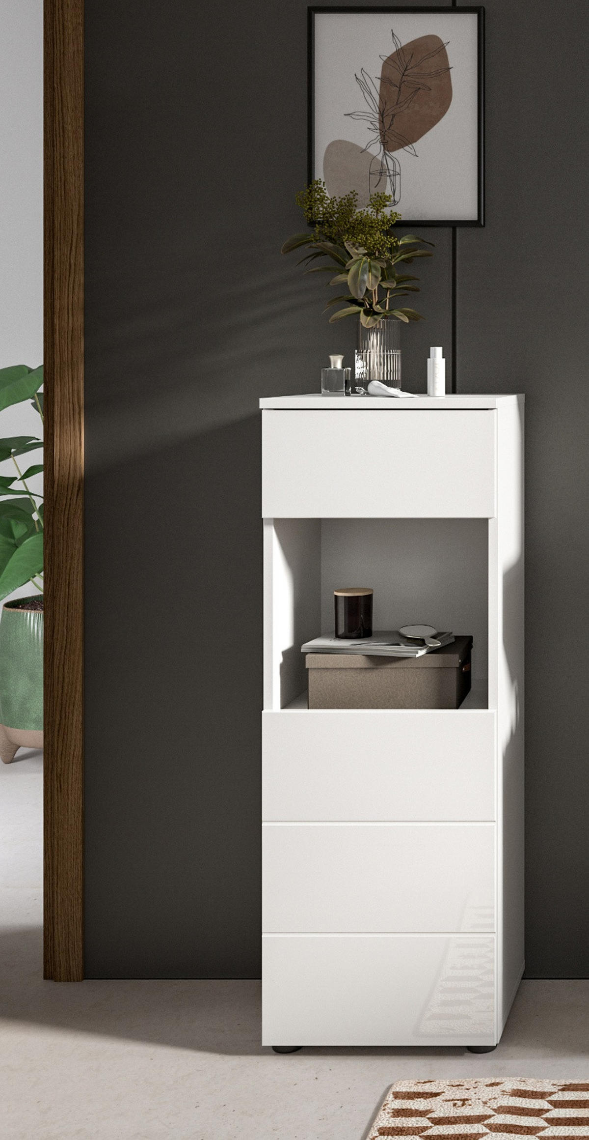 BADSCHRANK weiß Hochglanz 38 cm, Badezimmer Kommode mit Schubkasten - Weiß Hochglanz/Schwarz, Holzwerkstoff/Kunststoff (38/106/34cm) - Inn.Furn