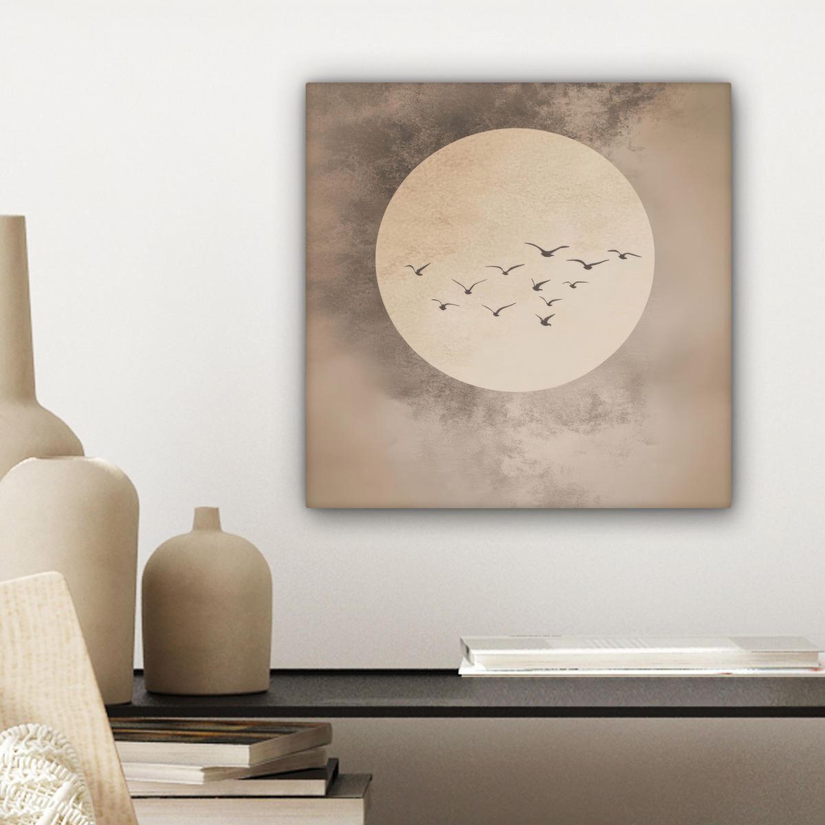 LEINWANDBILD Vogel - Beige - Japanisch Deko Wohnzimmer 20x20 cm - Taupe, Textil (20/20cm) - MuchoWow