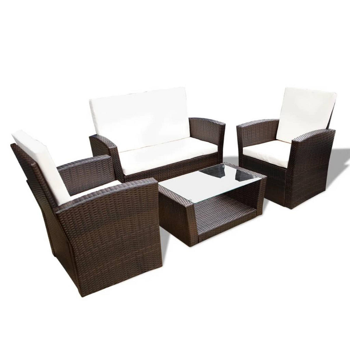 GARTEN-LOUNGE-SET 4-TLG MIT KISSEN POLY RATTAN BRAUN - Creme/Braun, Naturmaterialien/Textil - vidaXL