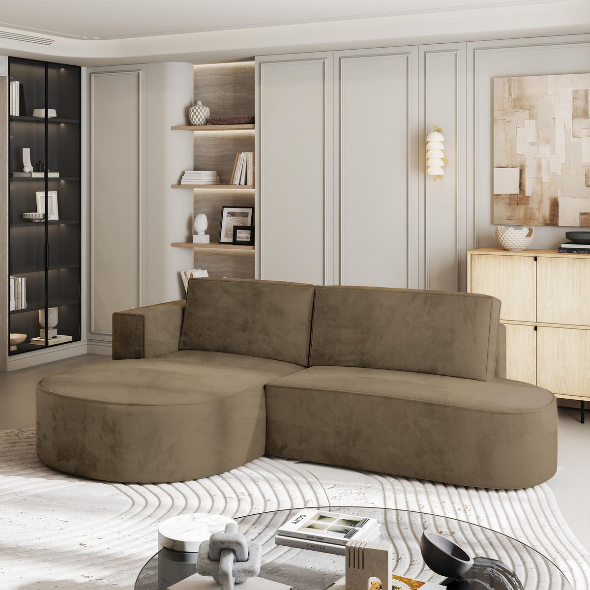 ECKSOFA CORTIO M L-S Beige Velours-Stoff mit Schlaffunktion - Beige, Holz (265/174cm) - MASSENO