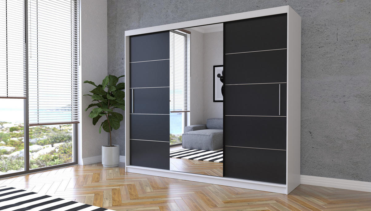 SCHIEBETÜRENSCHRANK - ELBA I Weiß + Schwarz - Schwarz/Weiß, Holzwerkstoff/Metall (250/218/61cm) - Möblo