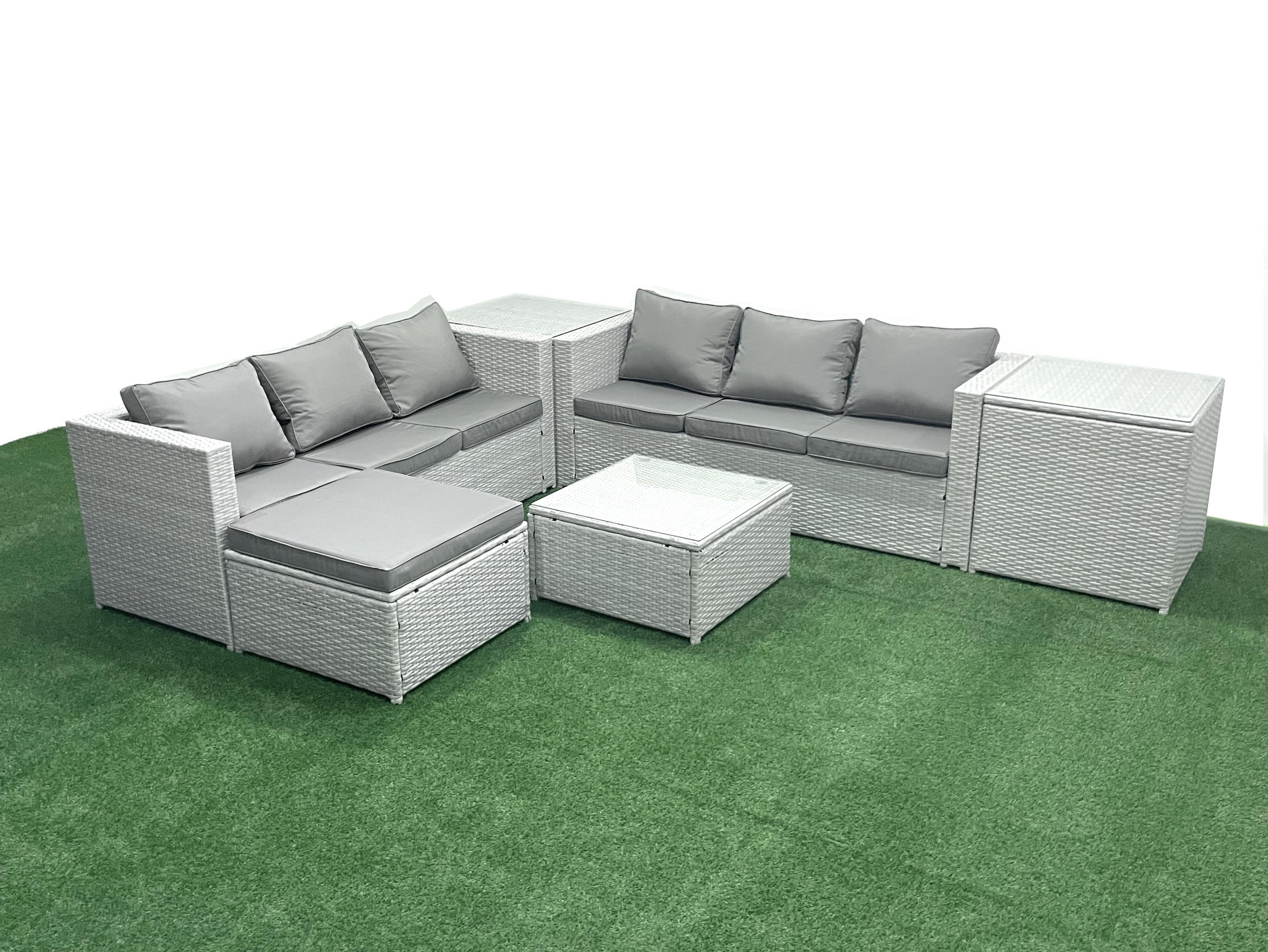 GARTENMÖBEL-SET mit Kissen Polyrattan Hellgrau-Mix 7-Sitzer - Hellgrau/Grau, Glas/Kunststoff - Fimous