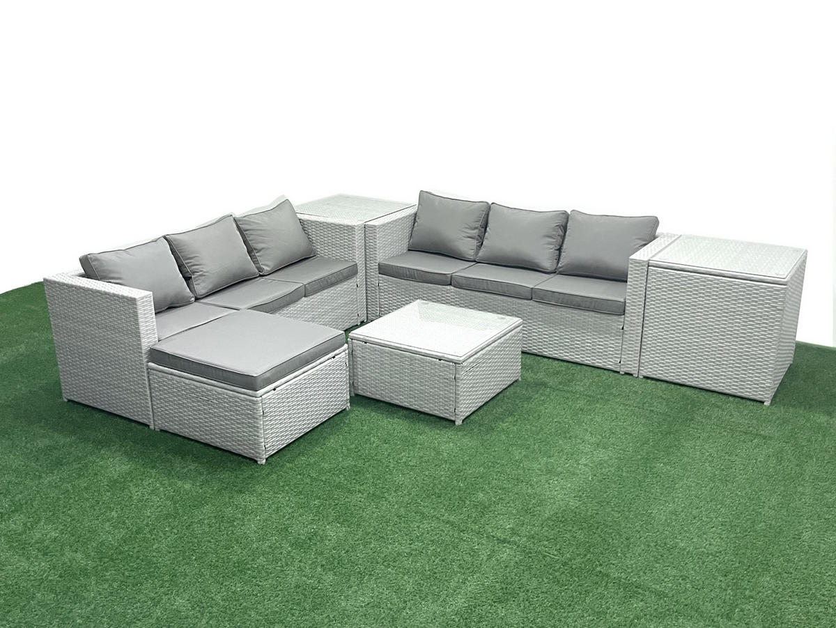 GARTENMÖBEL-SET mit Kissen Polyrattan Hellgrau-Mix 7-Sitzer - Hellgrau/Grau, Glas/Kunststoff - Fimous