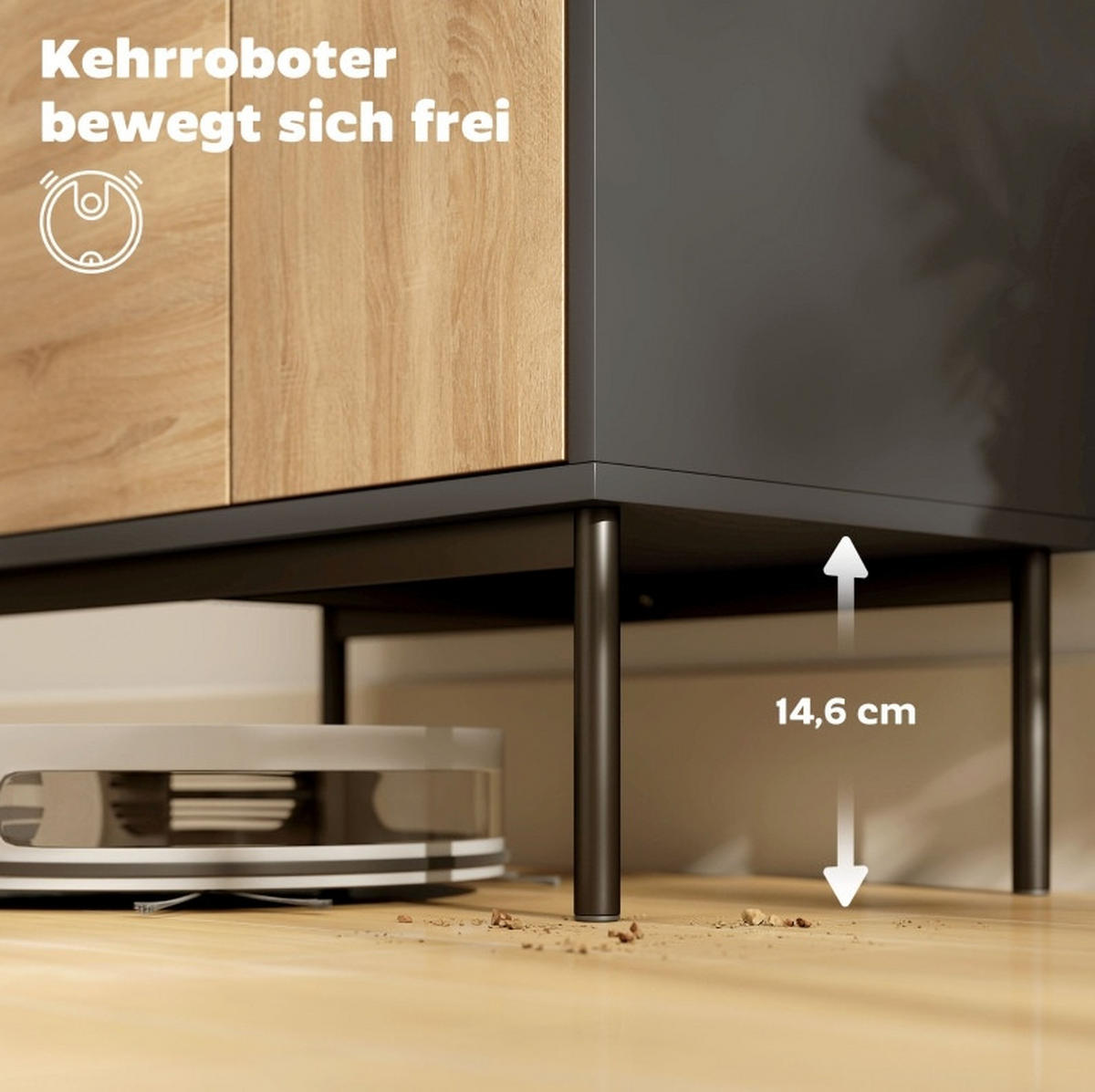 SIDEBOARD mit Push-to-Open Türen und Metallbeinen in Schwarz/Naturholzoptik - Schwarz, Holz (60/78/35cm) - BEAOK