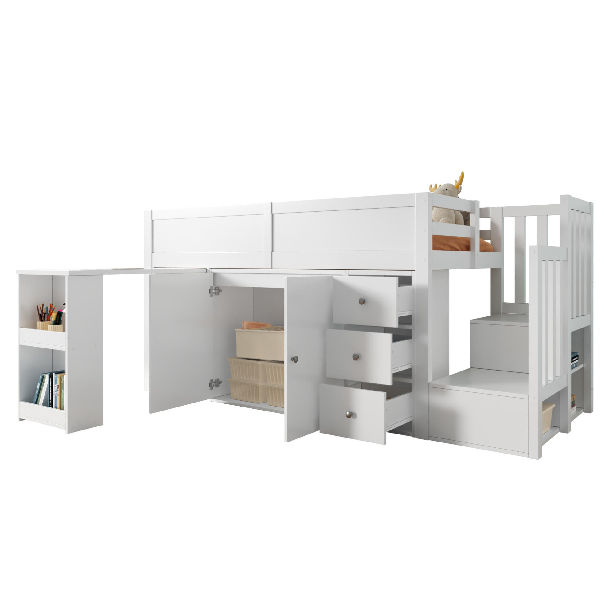 HOCHBETT mit ausziehbarem Schreibtisch und Stauraum 90x200 cm MDF Weiß - Weiß, Holzwerkstoff (90/200cm) - Beauniv