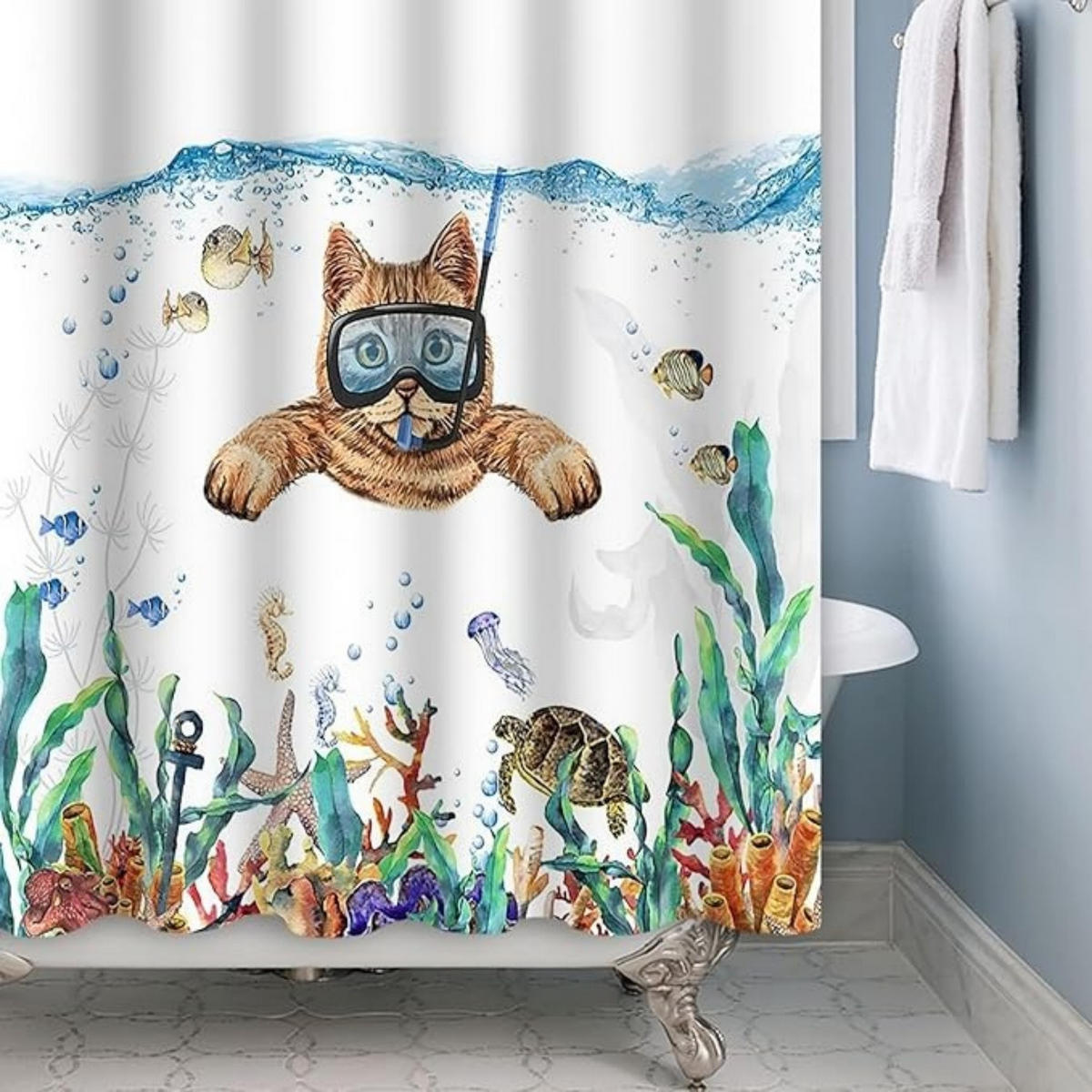DUSCHVORHANG Marineblau 120 x 180 cm Ozean Katze Fisch Schildkröte - Blau, Textil (180/180cm) - MCBOSON