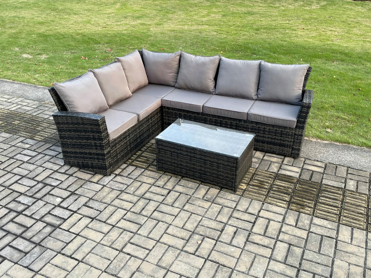 LOUNGEMÖBEL-SETS mit Couchtisch Sofa Polyrattan Dunkelgrau 6-Sitzer - Dunkelgrau/Grau, Glas/Kunststoff - Fimous