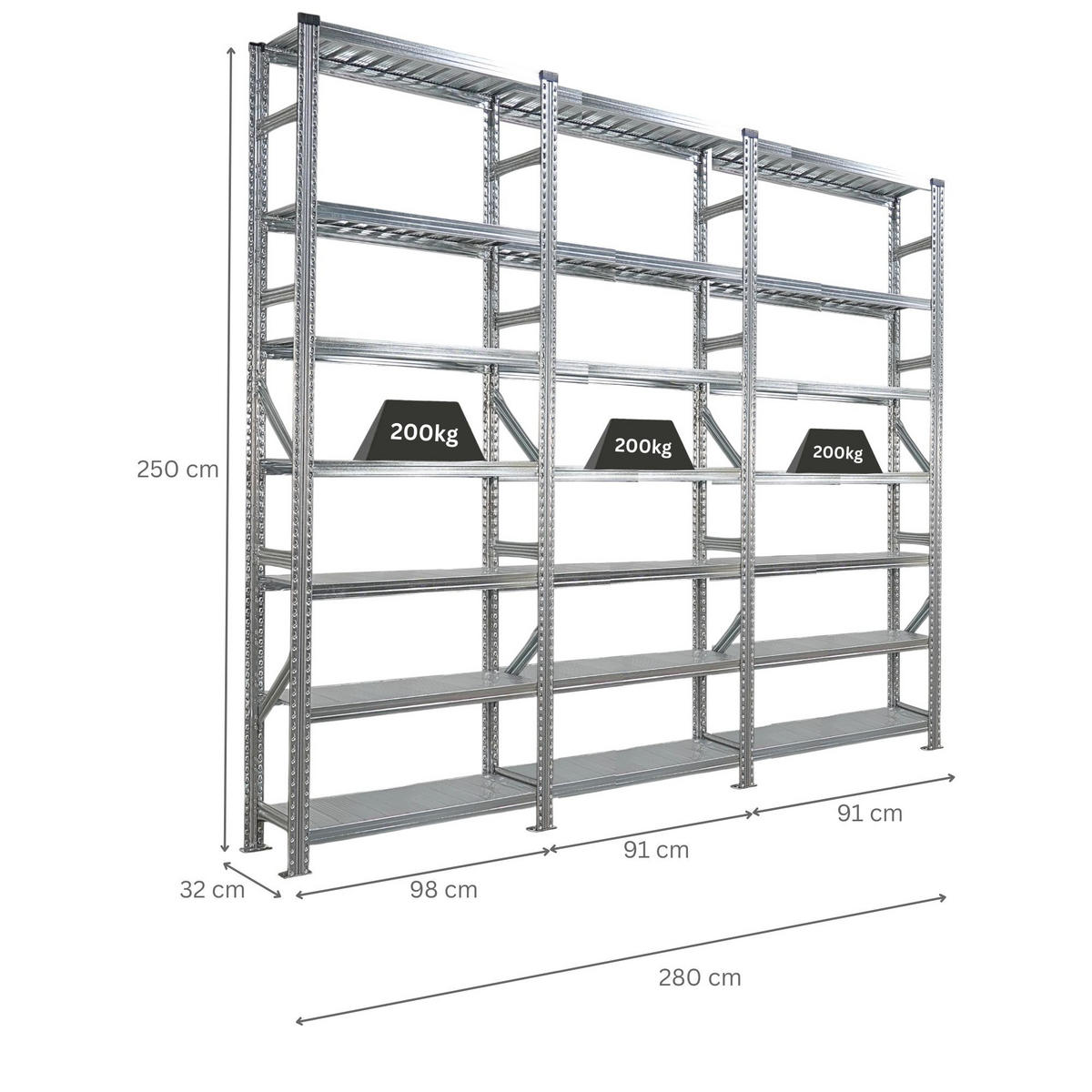 FACHBODENREGAL Proximo Stecksystem 250x270x32cm 7 Ebenen Beidseitig nutzbar Verzinkt - Silberfarben, Metall (270/250/32cm) - PROREGAL
