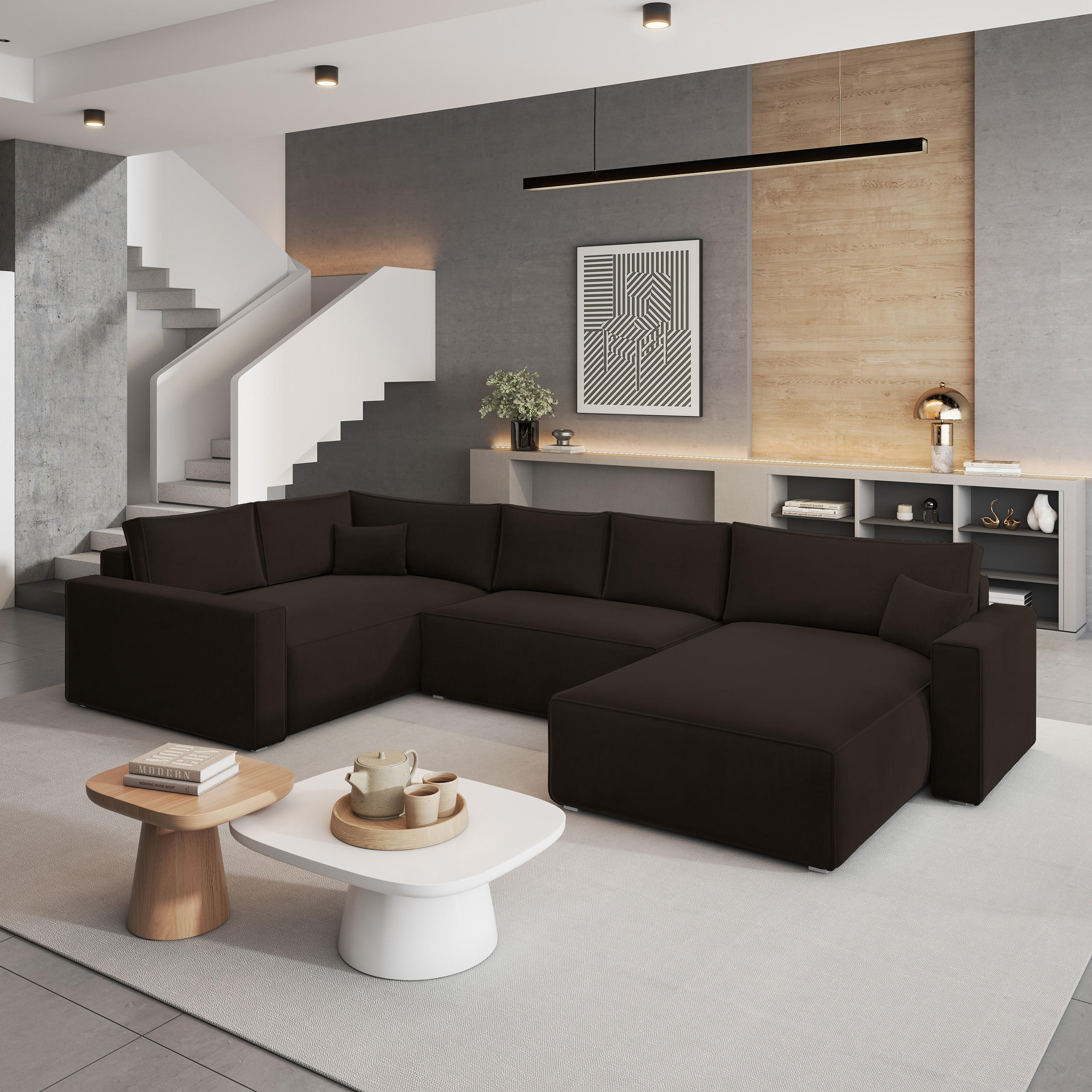 WOHNLANDSCHAFT VELAMI L-S Braun Velours-Stoff mit Schlaffunktion - Braun, Holz (365/83/194cm) - MASSENO