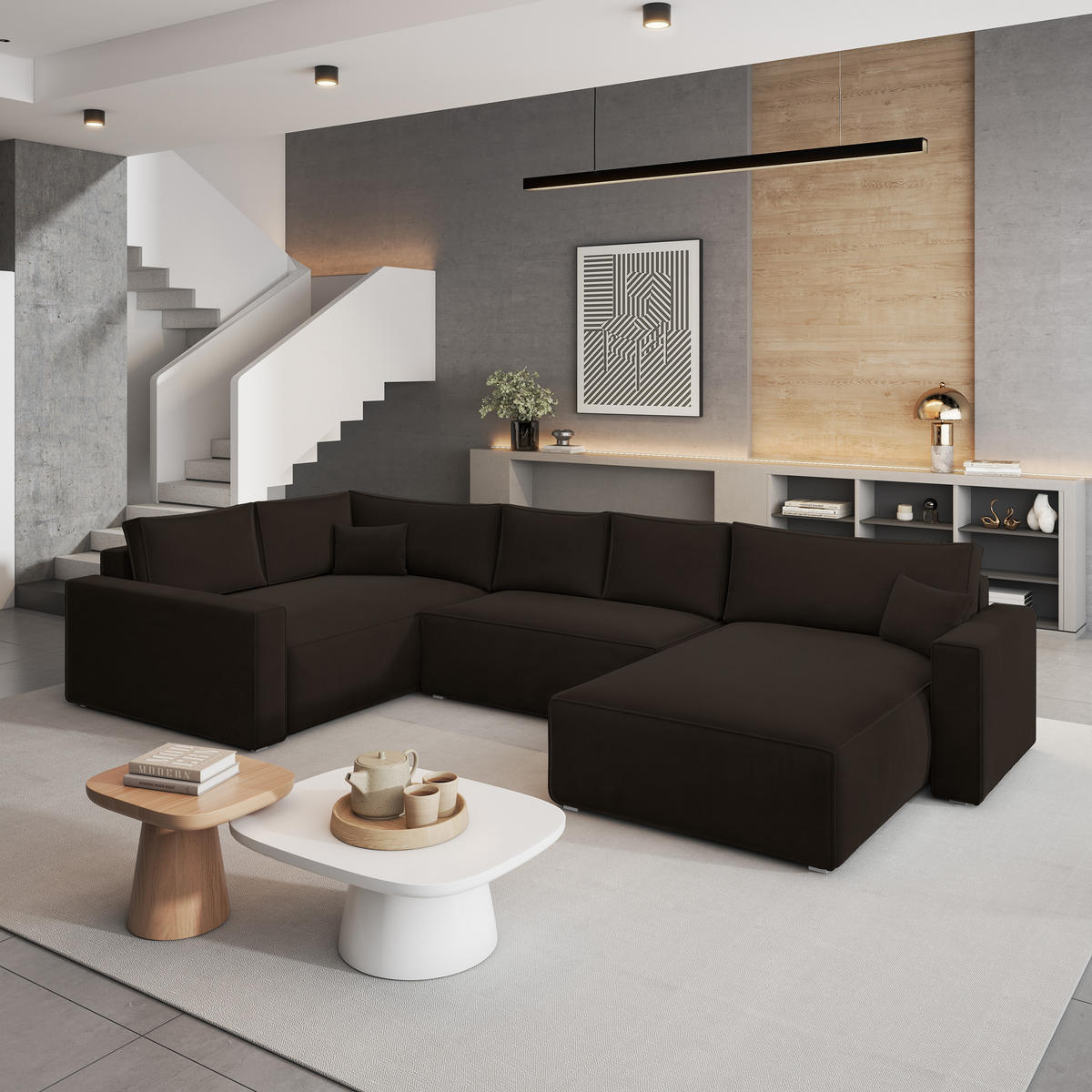 WOHNLANDSCHAFT VELAMI L-S Braun Velours-Stoff mit Schlaffunktion - Braun, Holz (365/83/194cm) - MASSENO