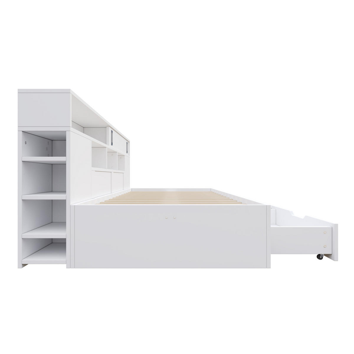 KINDERBETT aus MDF 90x190 cm Weiß mit 2 Schubladen, Schiebetür-Schrank und verstellbaren Regalen - Weiß, Holzwerkstoff (90/190cm) - Modfu