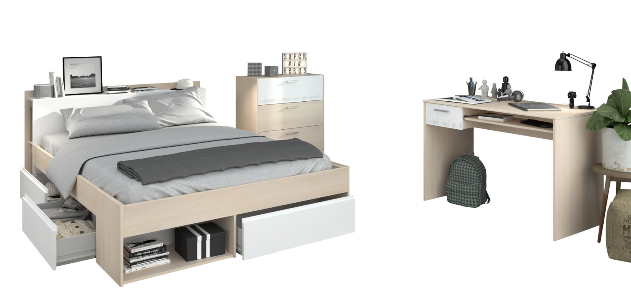 JUGENDZIMMER Set mit Stauraumbett 140 x 200 Schreibtisch Kommode - Silberfarben/Weiß, Holz/Holzwerkstoff (140/79/200cm) - Parisot Meuble