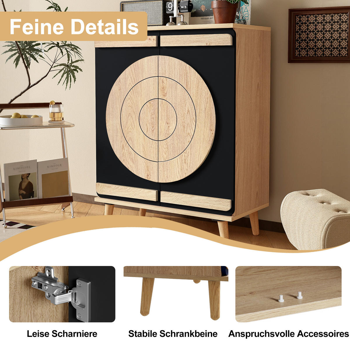 SCHUHSCHRANK Modern Runde Geometrische Türen Stauraum Holzbeine - Schwarz, Holzwerkstoff (37/98.5/76cm) - FLIEKS