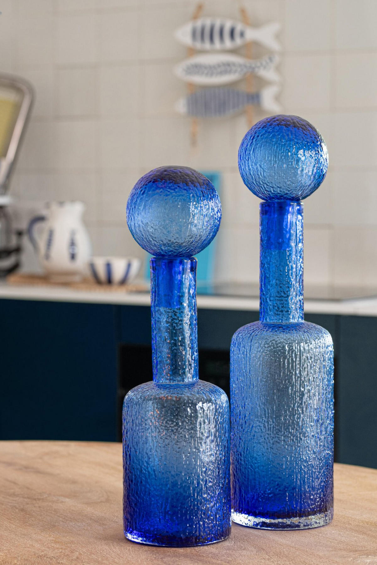 DEKOOBJEKT FLASCHE RELIEF Blau - Blau, Glas (12.5/43/12.5cm) - J-Line