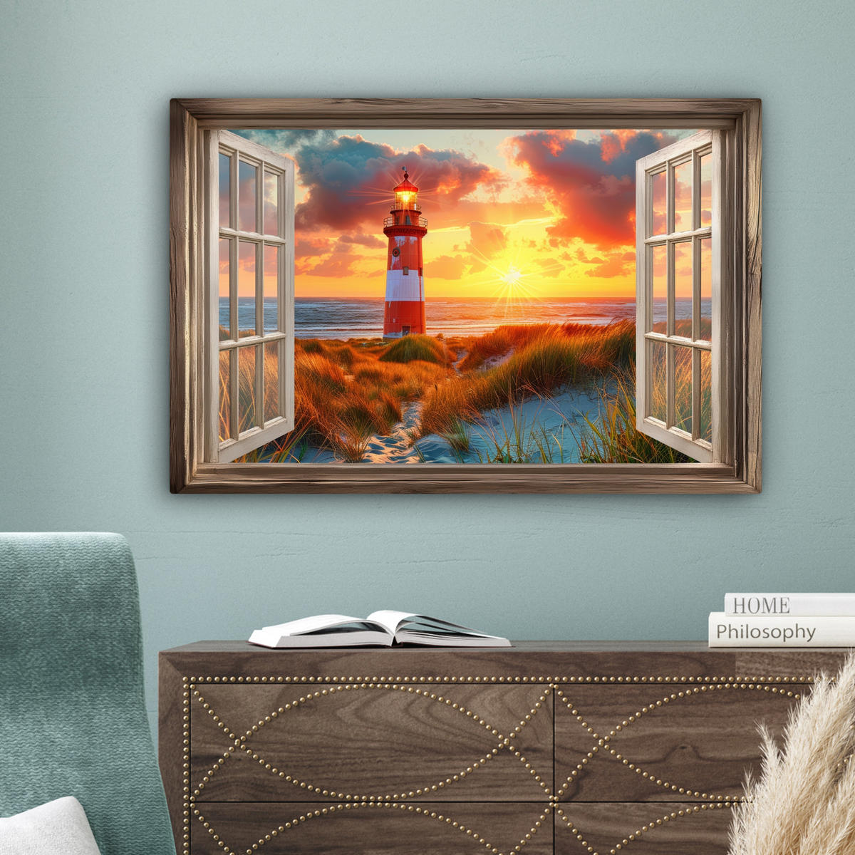 LEINWANDBILD Aussicht - Fenster - Leuchtturm - Sonnenuntergang - Strand Wanddeko 90x60 cm - Dunkelorange, Textil (90/60cm) - MuchoWow