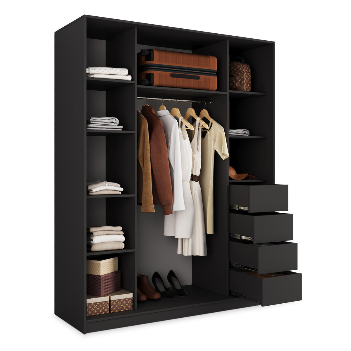 SCHWEBETÜRENSCHRANK TARI 160/205/58 cm 3-türig mit Spiegel und 4 Schubladen Schwarz - Schwarz, Holzwerkstoff (160/205/58cm) - MASSENO