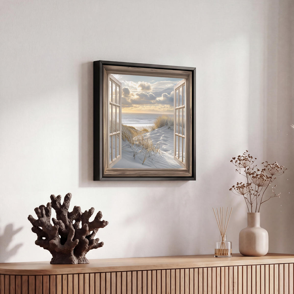 LEINWAND Bilder mit Rahmen - Ausblick - Strand - Dünen - Meer - Natur - 20x20 - Sandfarben, Textil (20/20cm) - MuchoWow