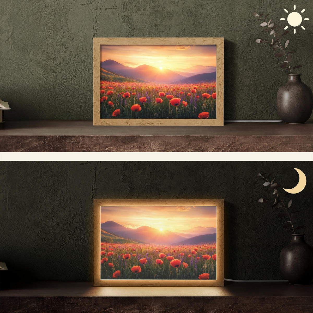 TISCHLEUCHTE Landschaft - Sonnenuntergang - Blumenfeld 30x20 cm - Dunkelblau, Holzwerkstoff (8/30/20cm) - OnlyWow