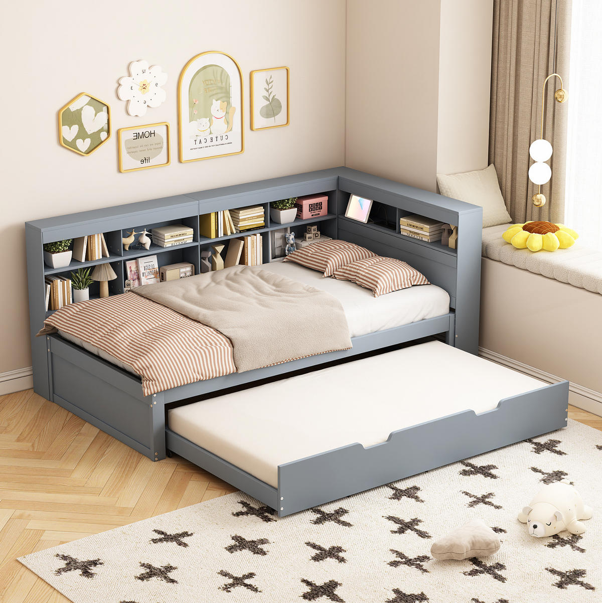 SCHLAFSOFA 90/200 cm mit Ausziehbett 90/190 cm, USB-Anschluss und Stauraum, Grau - Grau, Holzwerkstoff (222.5/92.5/116cm) - Redom