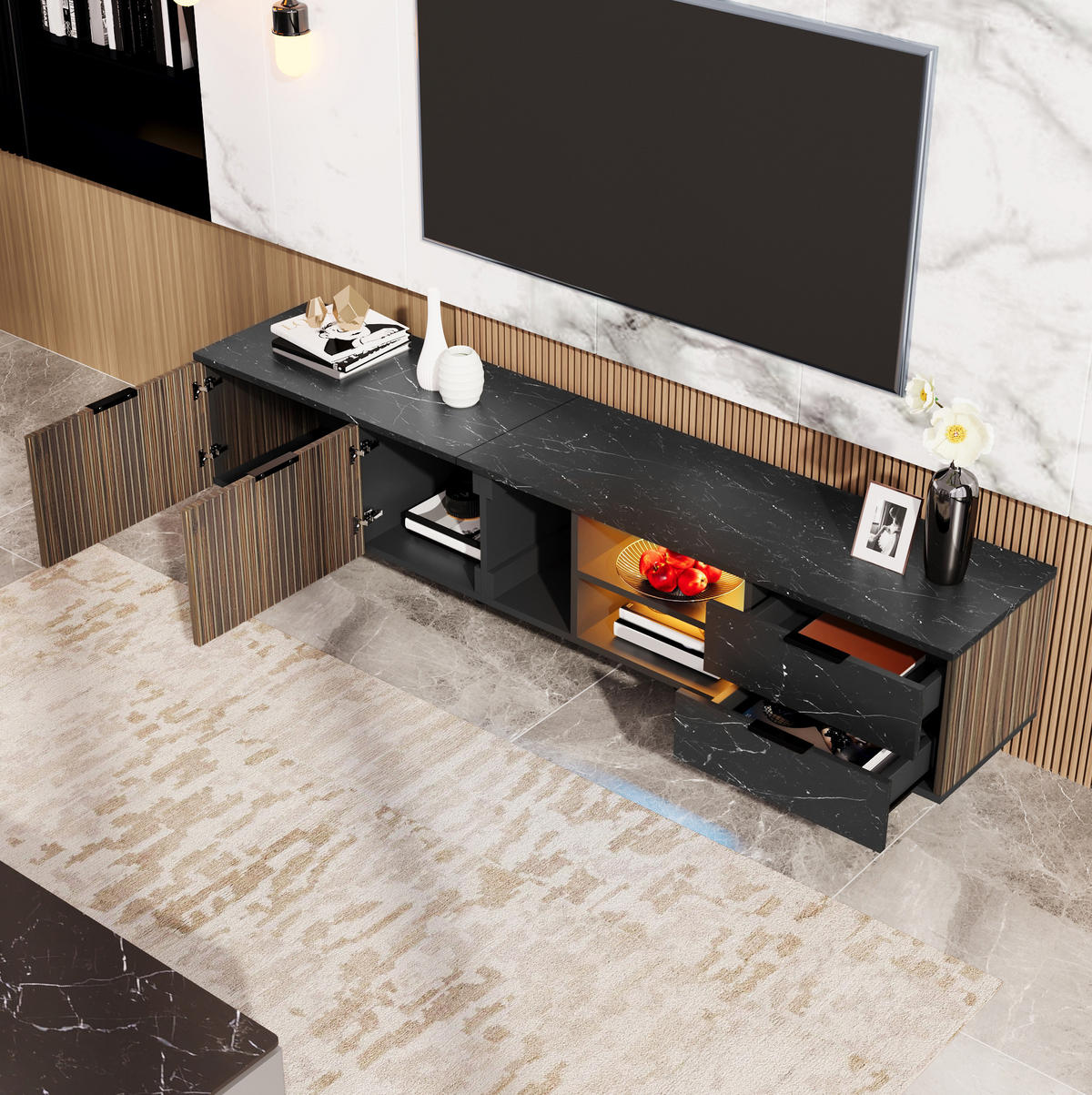 TV-ELEMENT mit LED-Beleuchtung 200 x 38 x 50 cm Schwarz Holzoptik - Schwarz, Holzwerkstoff (38/50/200cm) - Beauniv