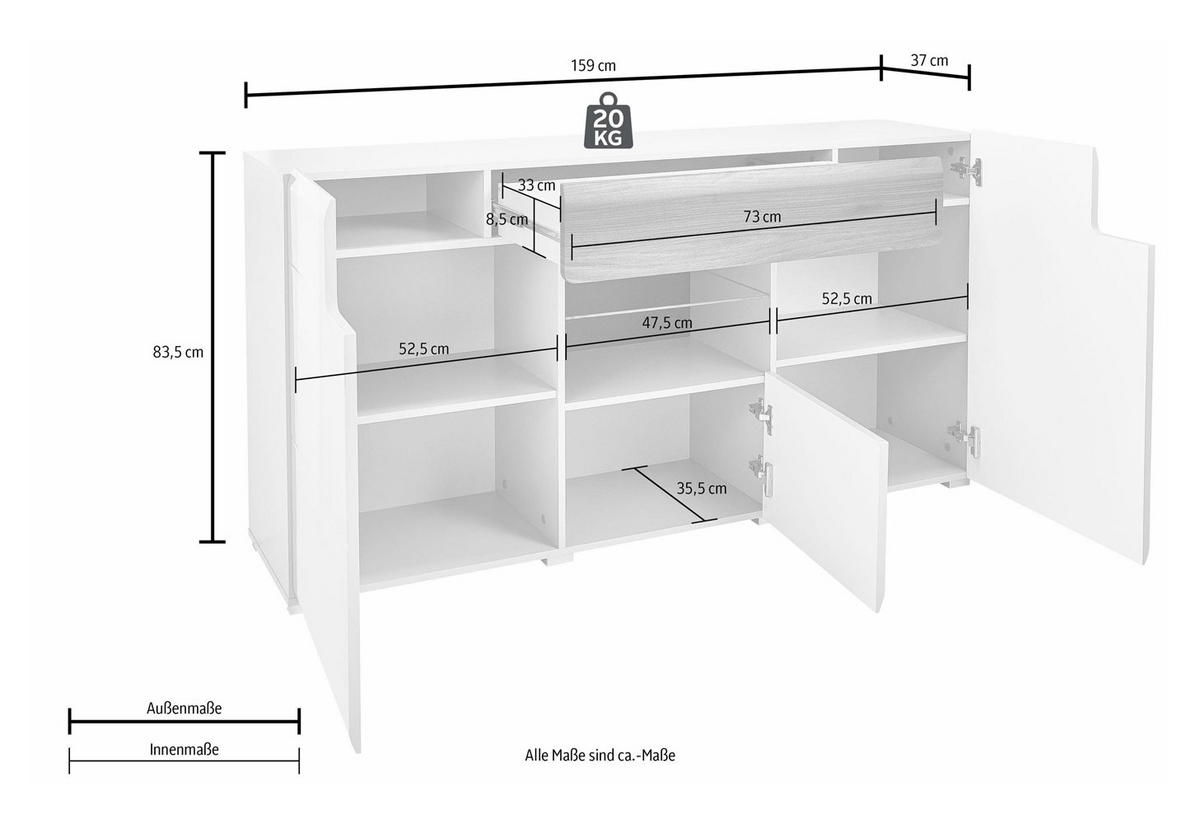 SIDEBOARD Toledo Weiß 159 / 37 / 83cm - Weiß Hochglanz/Weiß, Holz/Holzwerkstoff (159/83/37cm) - Feldmann-Wohnen