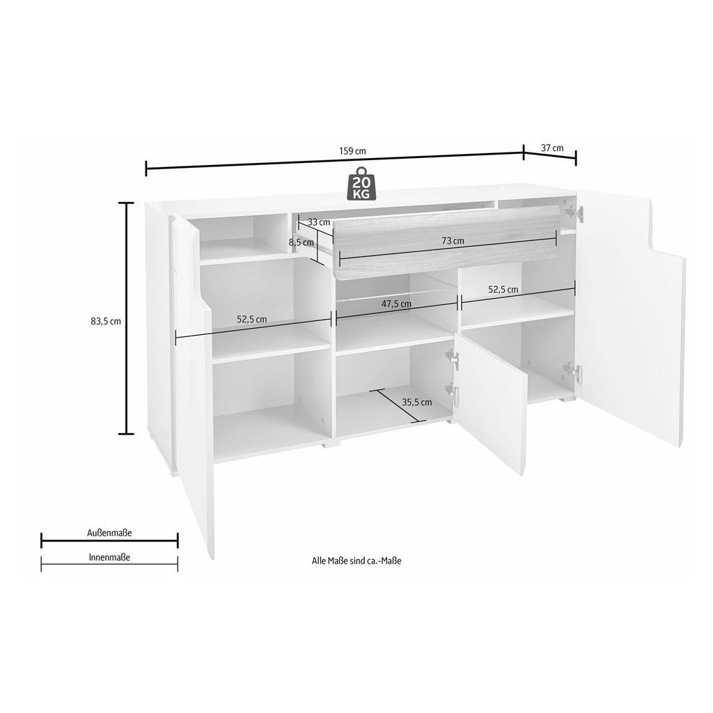 Thumbnail - Feldmann-Wohnen Sideboard, Weiß, Weiß Hochglanz, Holz, 4 Fächer, 1 Schubladen, Rechteckig, 159x83x37 cm, Wohnzimmer, Kom...