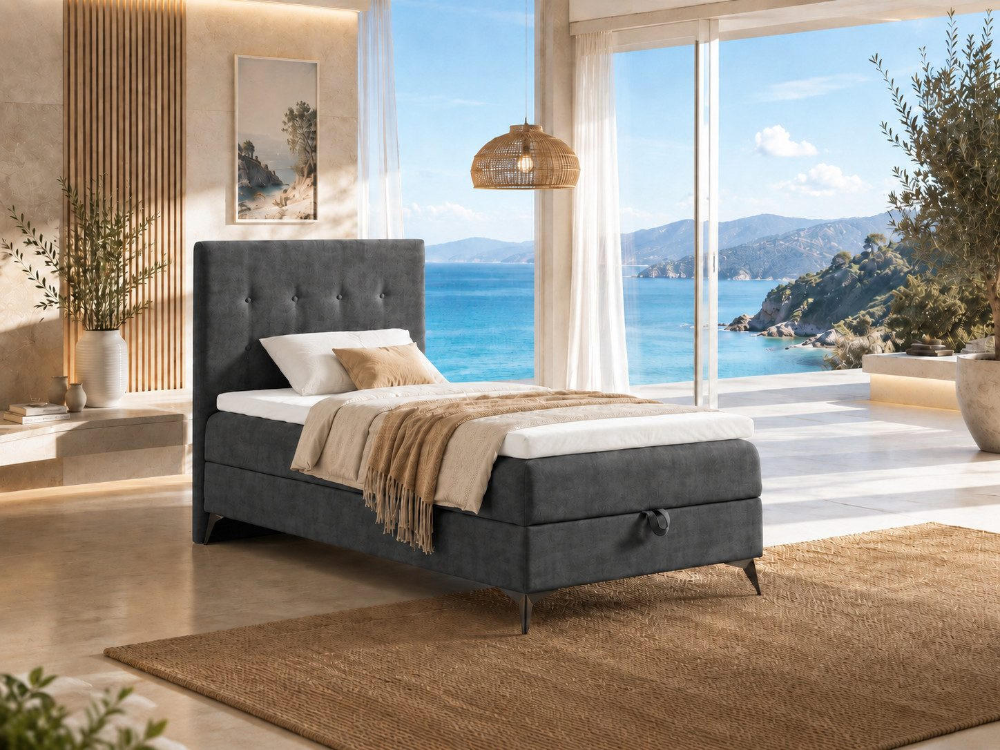 BOXBETT K15 Single SLIM mit Bettkasten & Bonell-Federkern inkl. Topper - Schwarz, Holz/Textil (200/100cm) - Best For Home