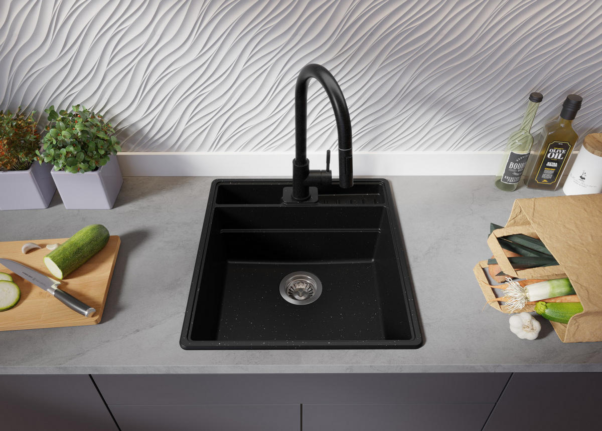 SPÜLBECKEN New York, 2-er set Schwarz Metallic 48/53 cm 1 Becken + Ablauf-Set + Küchenzubehörset ab 50er Unterschrank - Chromfarben/Schwarz Hochglanz, Kunststoff (48/20/53cm) - Primagran