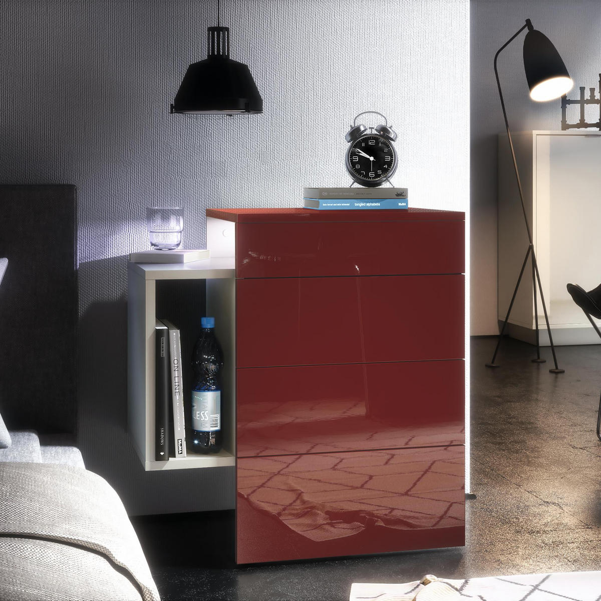 NACHTTISCH Queens Front in Bordeaux Hochglanz - Bordeaux, Holzwerkstoff (60/63/36cm) - Vladon