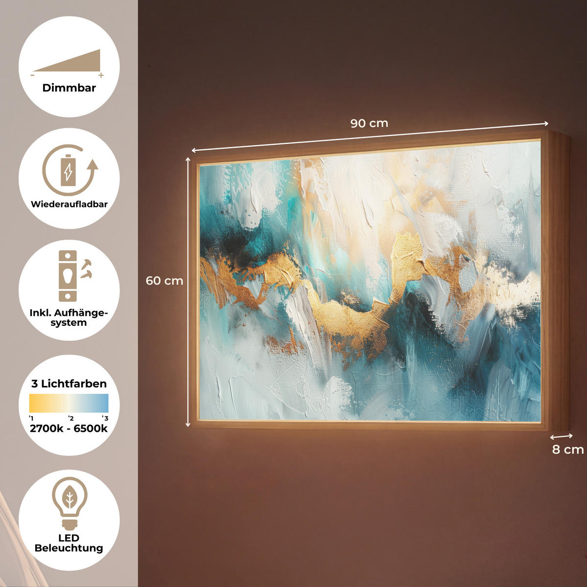 NÁSTĚNNÁ LAMPA S AKUMULÁTOREM Abstraktní - umění - zlatá - modrá 90x60 cm - tyrkysová, kompozitní dřevo (90/60/8cm) - OnlyWow