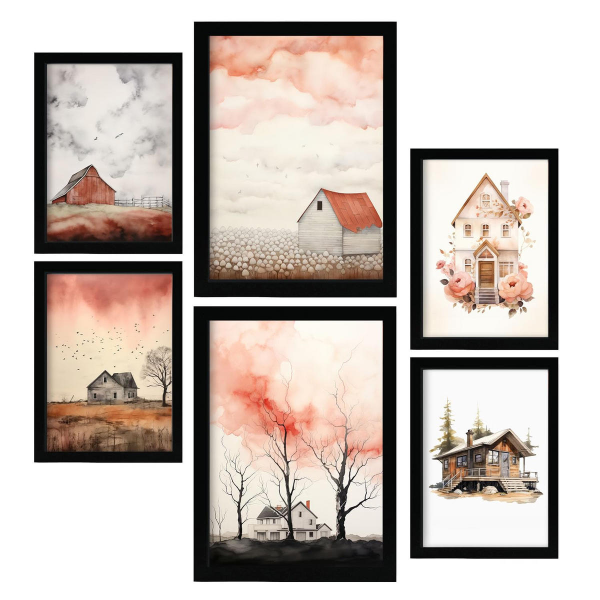 POSTER Set Mit 6 Haushaus A3 & A4 Schwarzer Rahmen - Schwarz, Papier (29/3cm) - Nacnic