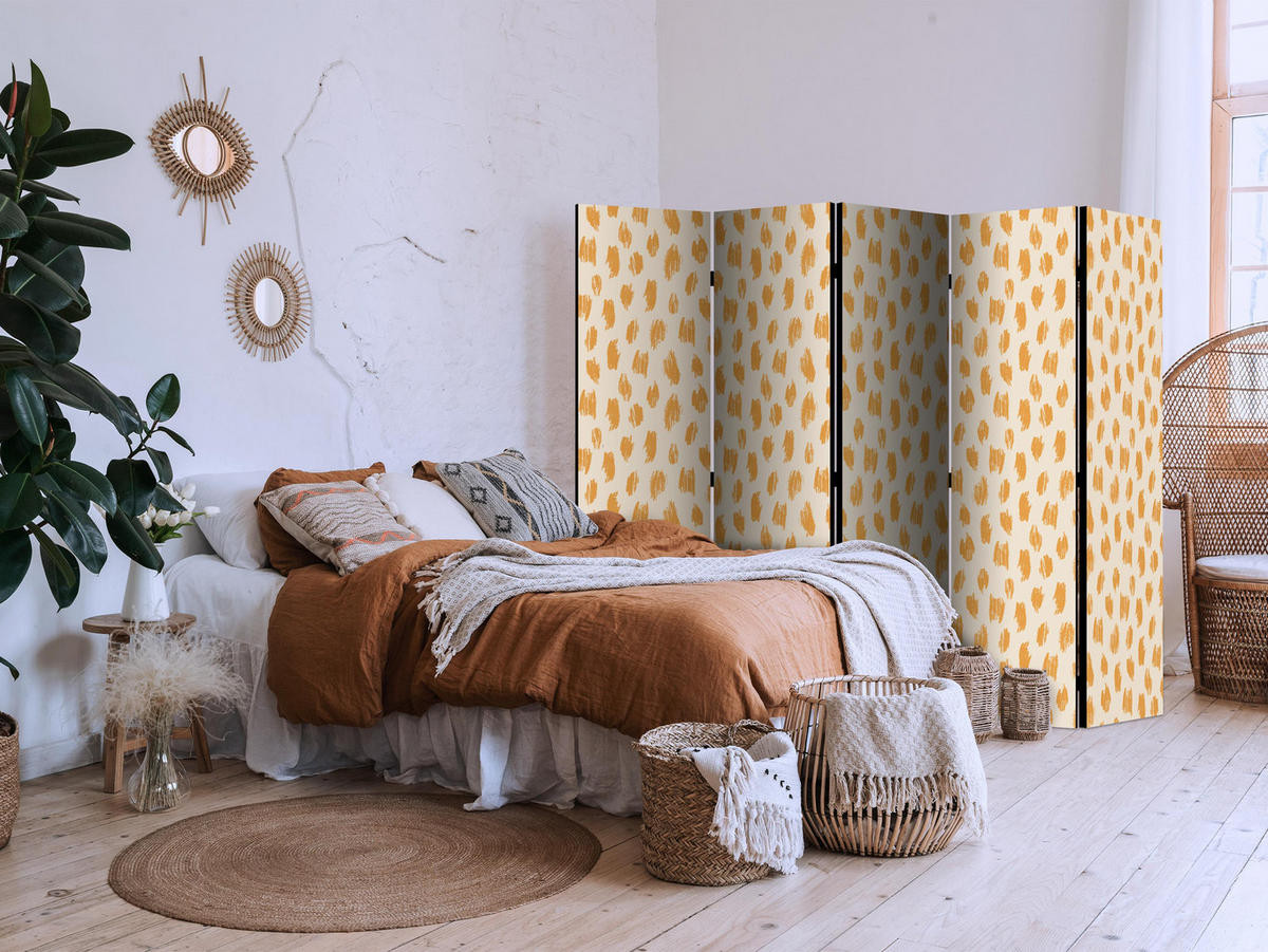 PARAVÁN Obojstranný 5-dielny 225x172 cm Abstrakcia Bodky - oranžová, drevo/textil (225/172/3cm) - Muralo