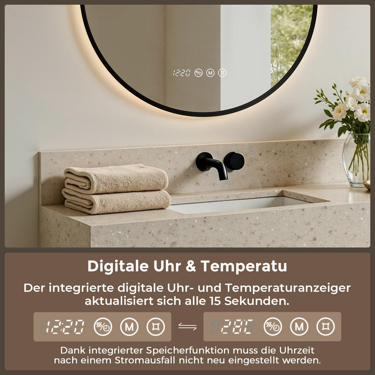 BADSPIEGEL mit Beleuchtung 60 cm rund schwarz mit Aluminiumrahmen, LED dimmbar und Antibeschlag - Schwarz, Glas (60/60/3.3cm) - S'AFIELINA