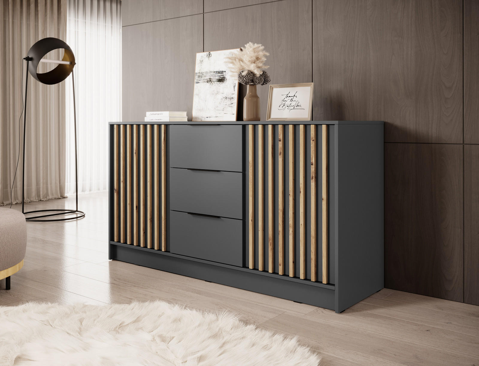 KOMMODE Stilo 155 cm in Graphit + Lamellen aus Artisan-Eiche - Schwarz/Graphitfarben, Holzwerkstoff/Kunststoff (155/86/45cm) - Ravio
