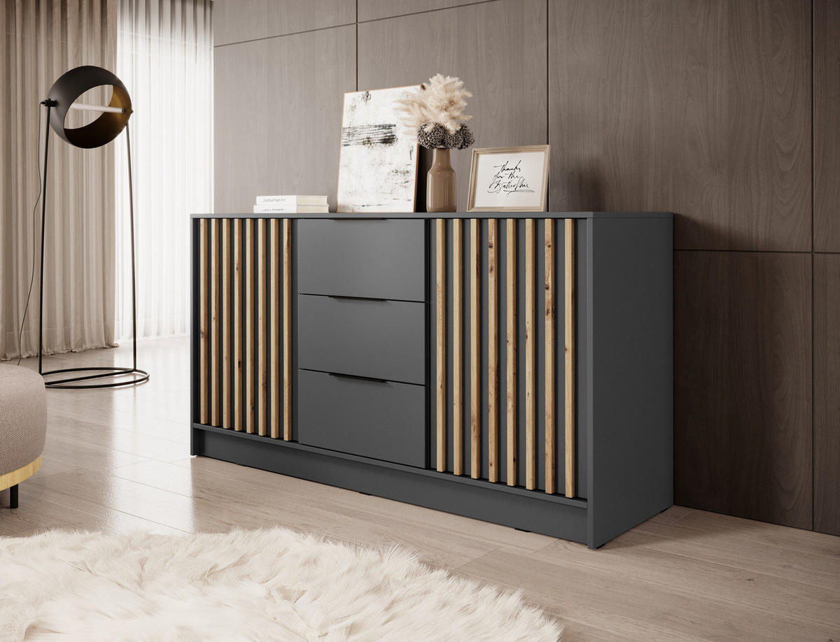 KOMMODE Stilo 155 cm in Graphit + Lamellen aus Artisan-Eiche - Schwarz/Graphitfarben, Holzwerkstoff/Kunststoff (155/86/45cm) - Ravio