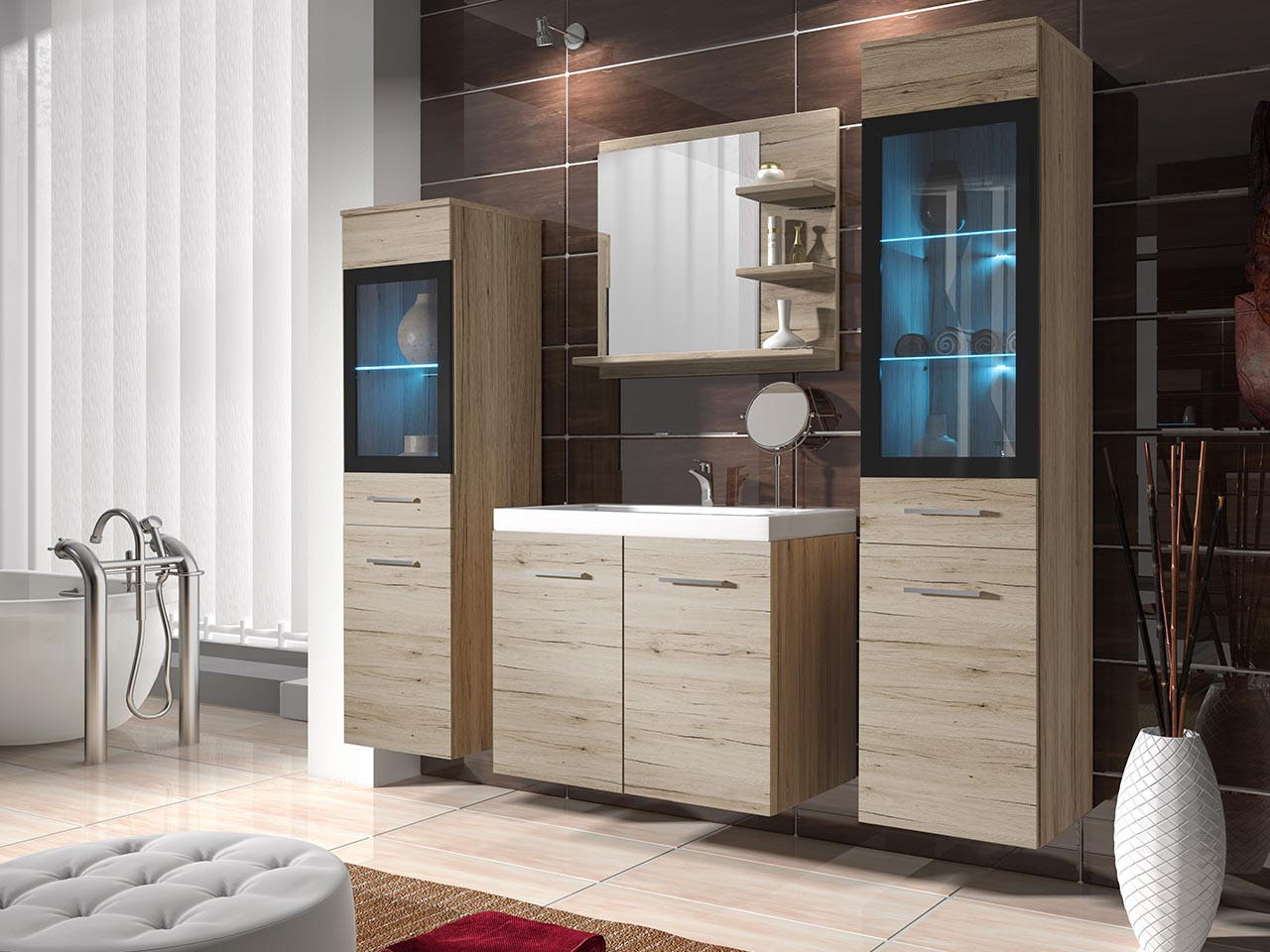 BADMÖBEL-SET Madrit I mit RGB LED Beleuchtung - Eiche San Remo, Holzwerkstoff (30/132/30cm) - MIRJAN24