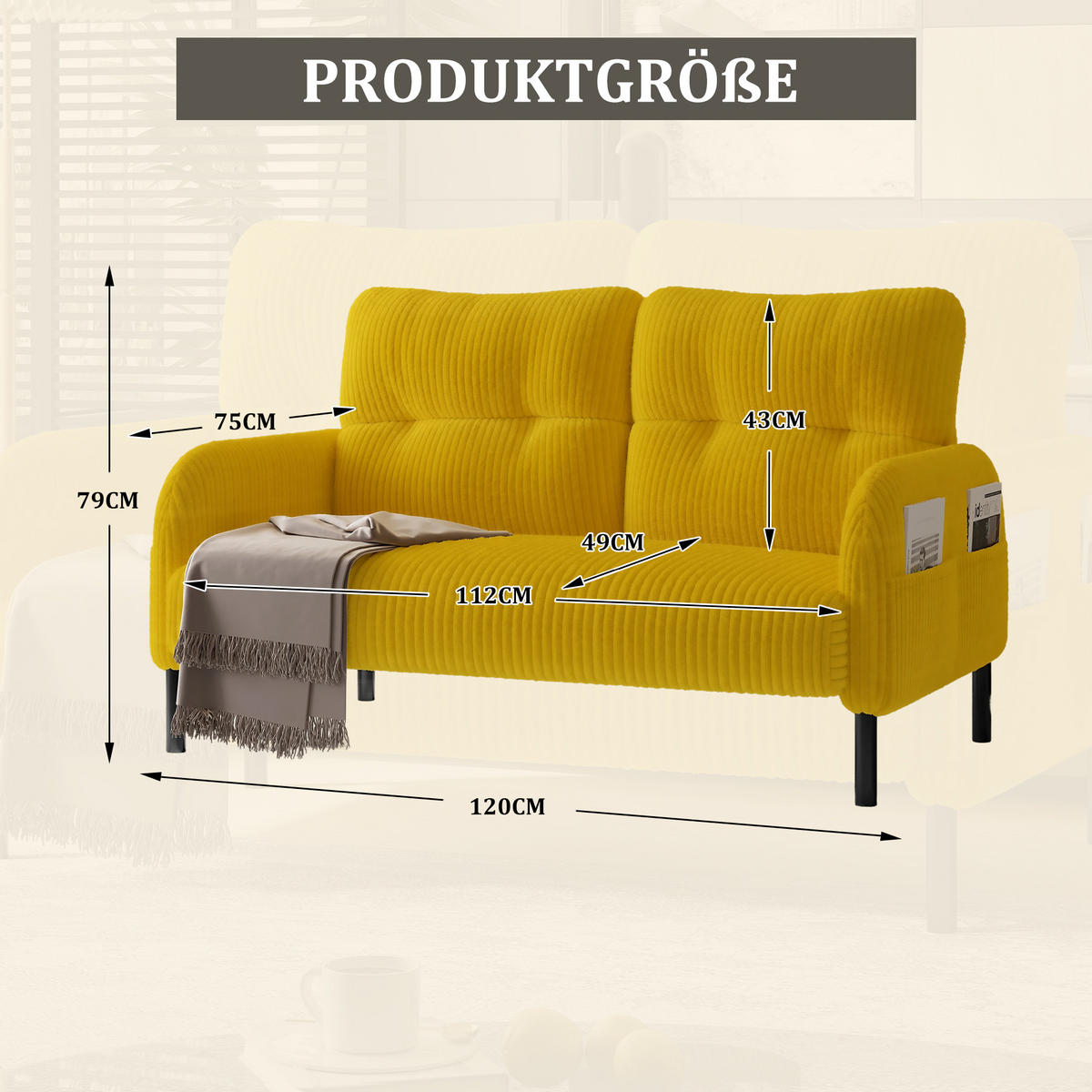 2-SITZER-SOFA Stoffcouch mit Seitentaschen,Cord,Gelb - Gelb, Textil (120/79/75cm) - LVHOM