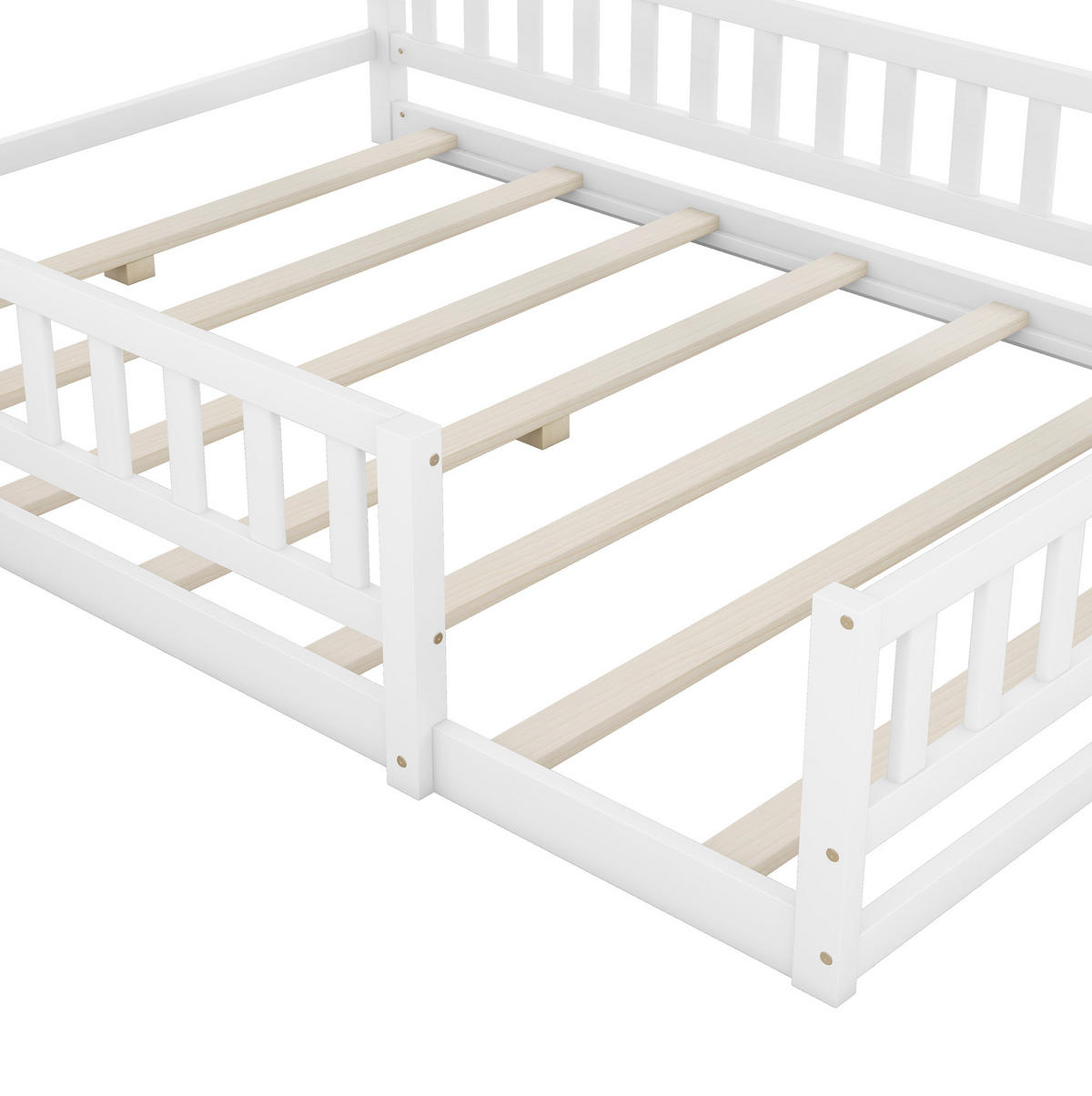 HAUSBETT aus Kiefer und MDF 140x200 cm Weiß mit Hausdesign, Seitengeländer und Nachttisch - Weiß, Holzwerkstoff (140/200cm) - Modfu