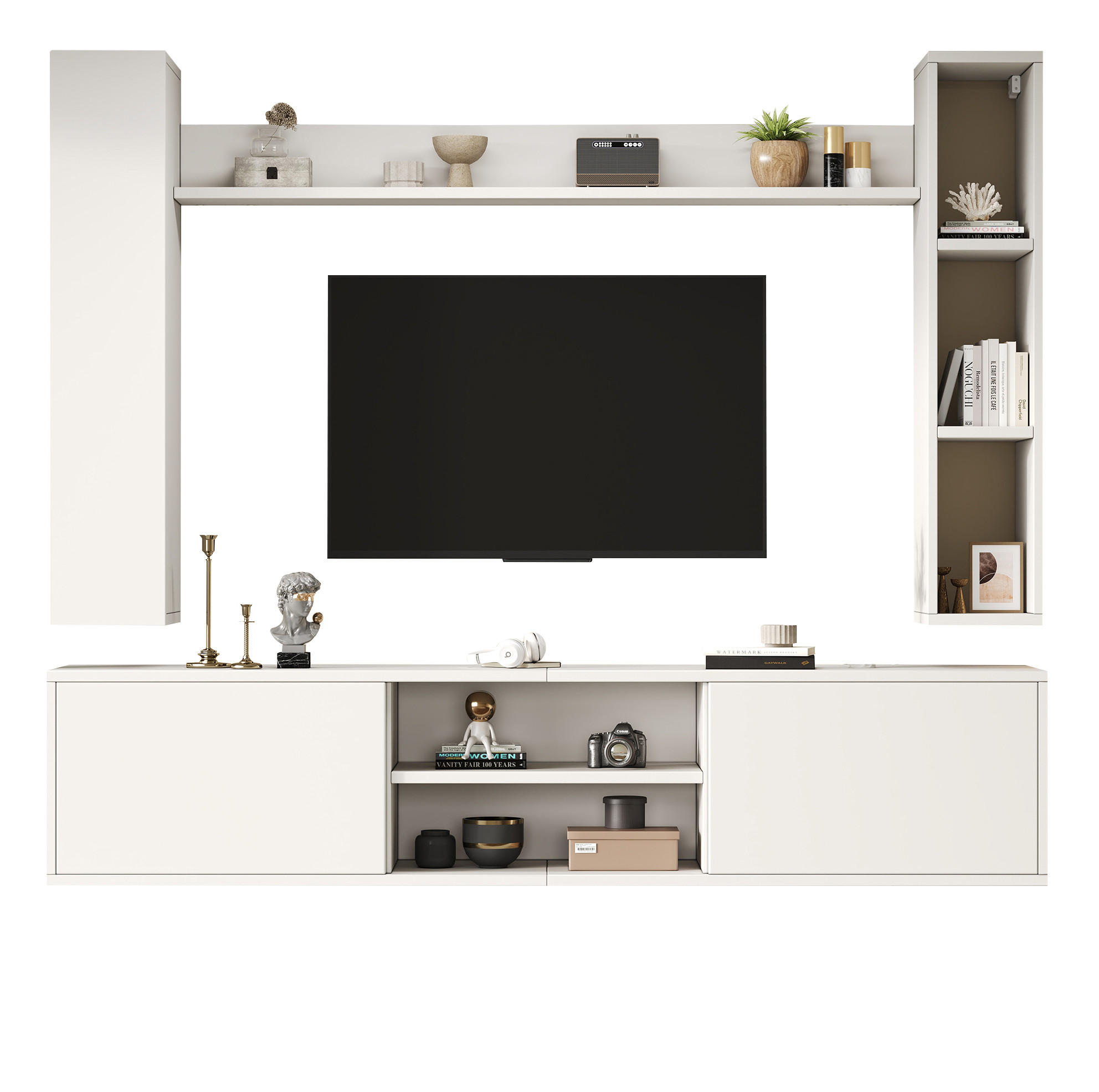 Modfu TV stěna z dřevotřísky 180x35x33,5 cm bílá se 2 nástěnnými skříňkami a policí, k zavěšení i postavení