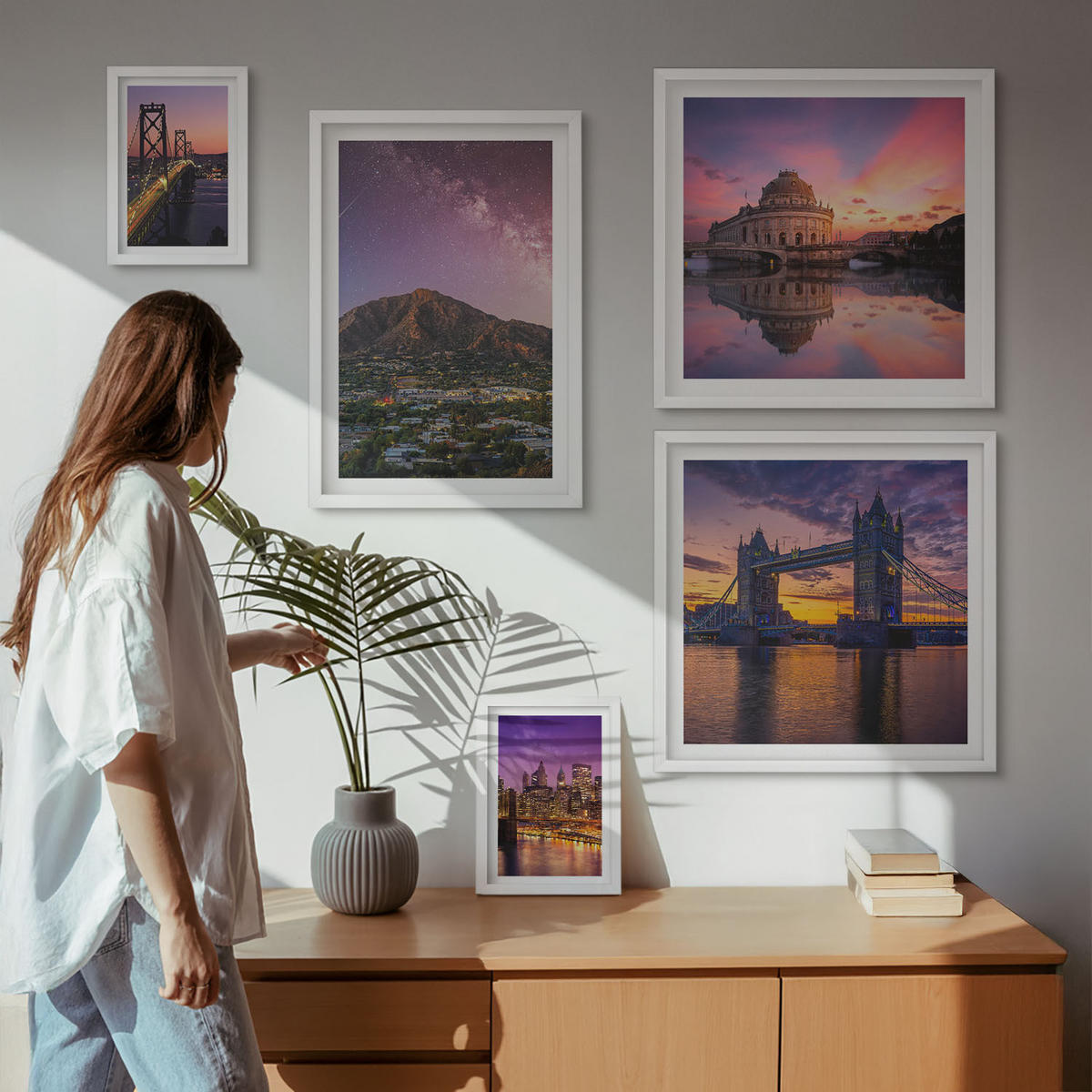 WANDBILDER 5er-Set - 50x50 cm & 20x30 cm & 40x60 cm Weißer Rahmen - Brücken, Sonne, Stadtblick - Weiß, Kunststoff (40/60cm) - ArtPrintCave