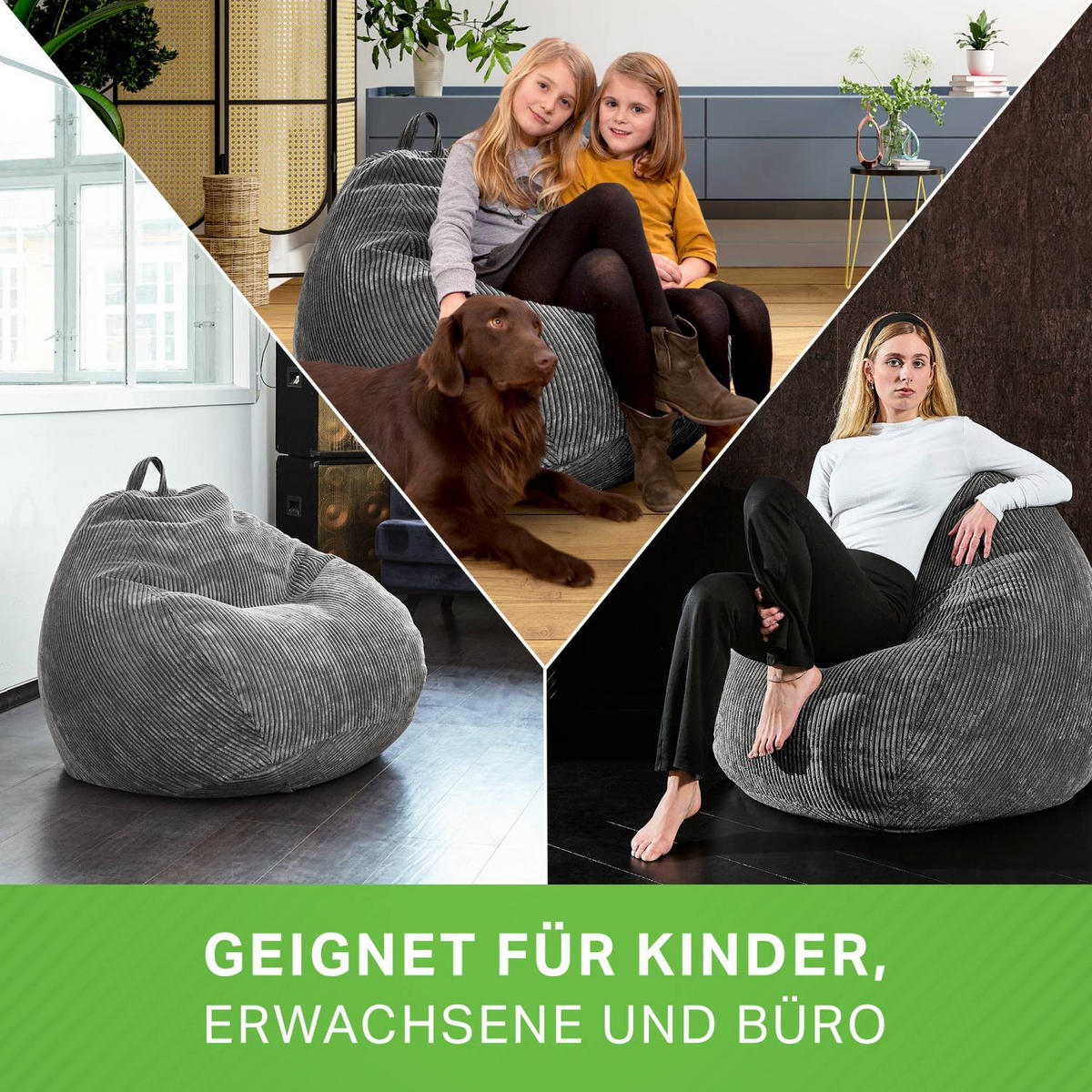 SITZSACK Indoor "Scoop" 90x110cm - Cord - Anthrazit, Textil (90/110/90cm) - Green Bean