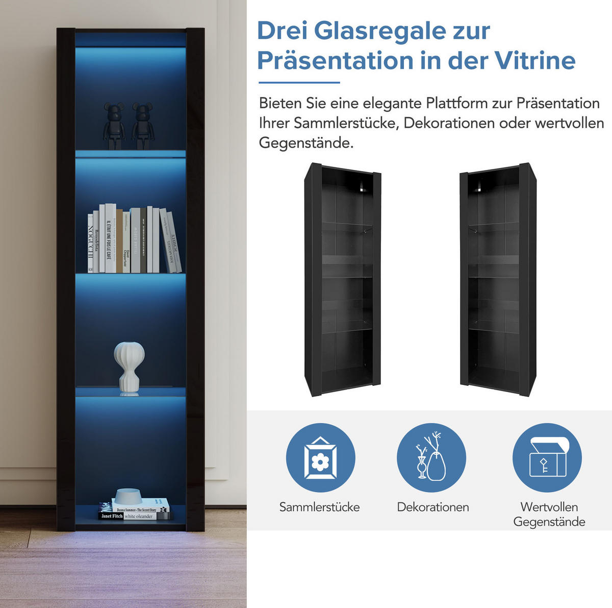 VITRINE 55/38/166 cm in Schwarz Hochglanz mit LED und 3 Glasböden - Schwarz, Holzwerkstoff (55/166/38cm) - BEAOK