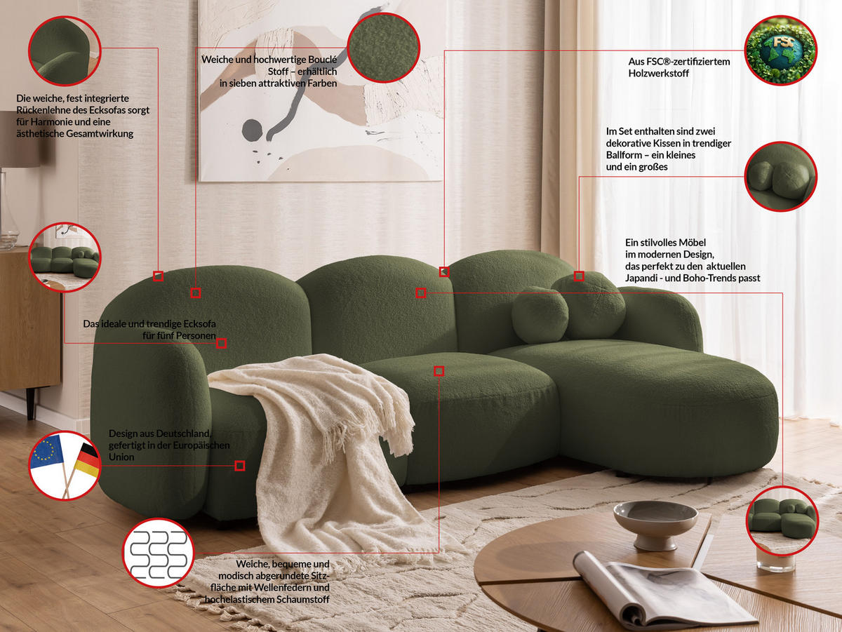 ECKSOFA Nuvola mit abgerundetem Design Grün Bouclé-Stoff - Ottomane Rechts - Schwarz/Grün, Holz/Kunststoff (268/146cm) - S-Style Möbel