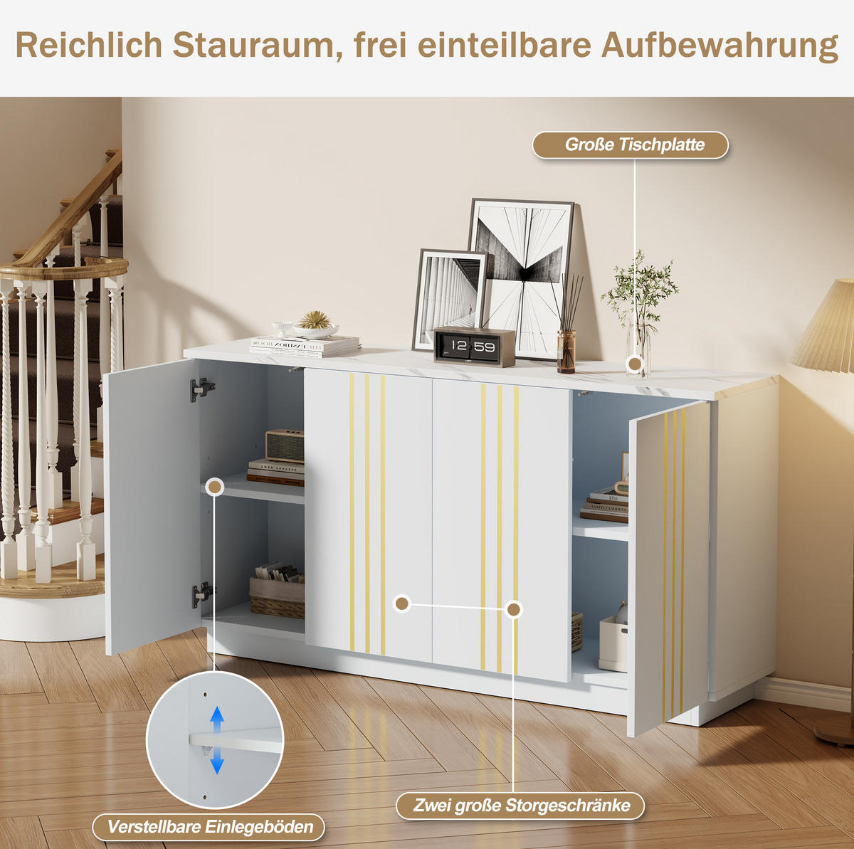 SIDEBOARD 140/35/70 cm weiß-gold aus Spanplatte mit 4 Türen - Weiß, Holzwerkstoff (140/70/35cm) - OKWISH
