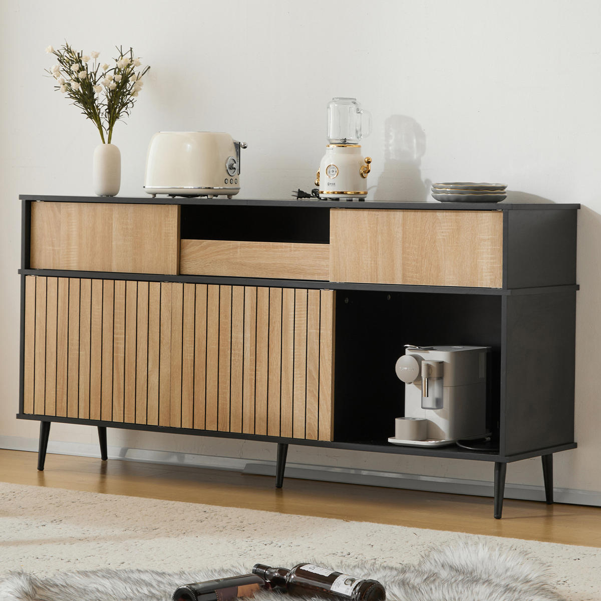 KOMMODE 160/40/80 cm aus Spanplatte mit 4 Schiebetüren und 1 Schublade Schwarz/Natur - Schwarz, Holzwerkstoff (160/80/40cm) - Modenvie