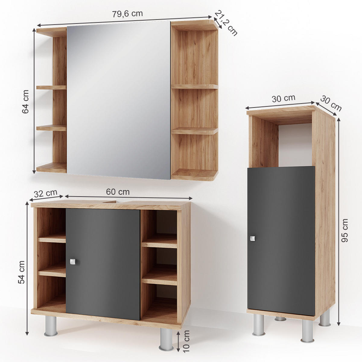 BADMÖBEL-SET Fynn Eiche 3 Teile, mit Midischrank - Eichefarben/Anthrazit, Holzwerkstoff (60/54/32cm) - Vicco