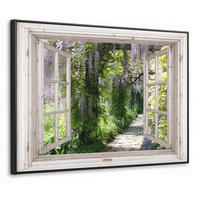 LEINWAND Bilder mit Rahmen - Blauer Regen - Blumen - Aussicht - Baum - Frühling - 80x60 - Grün, Textil (80/60cm) - MuchoWow